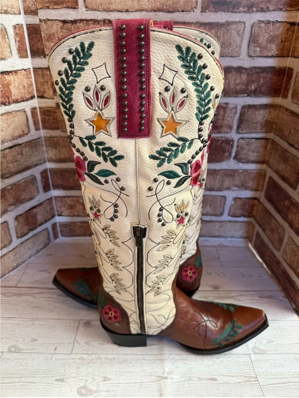 Old Gringo Embroidered Floral Tall Western Boots - Cream & Brown